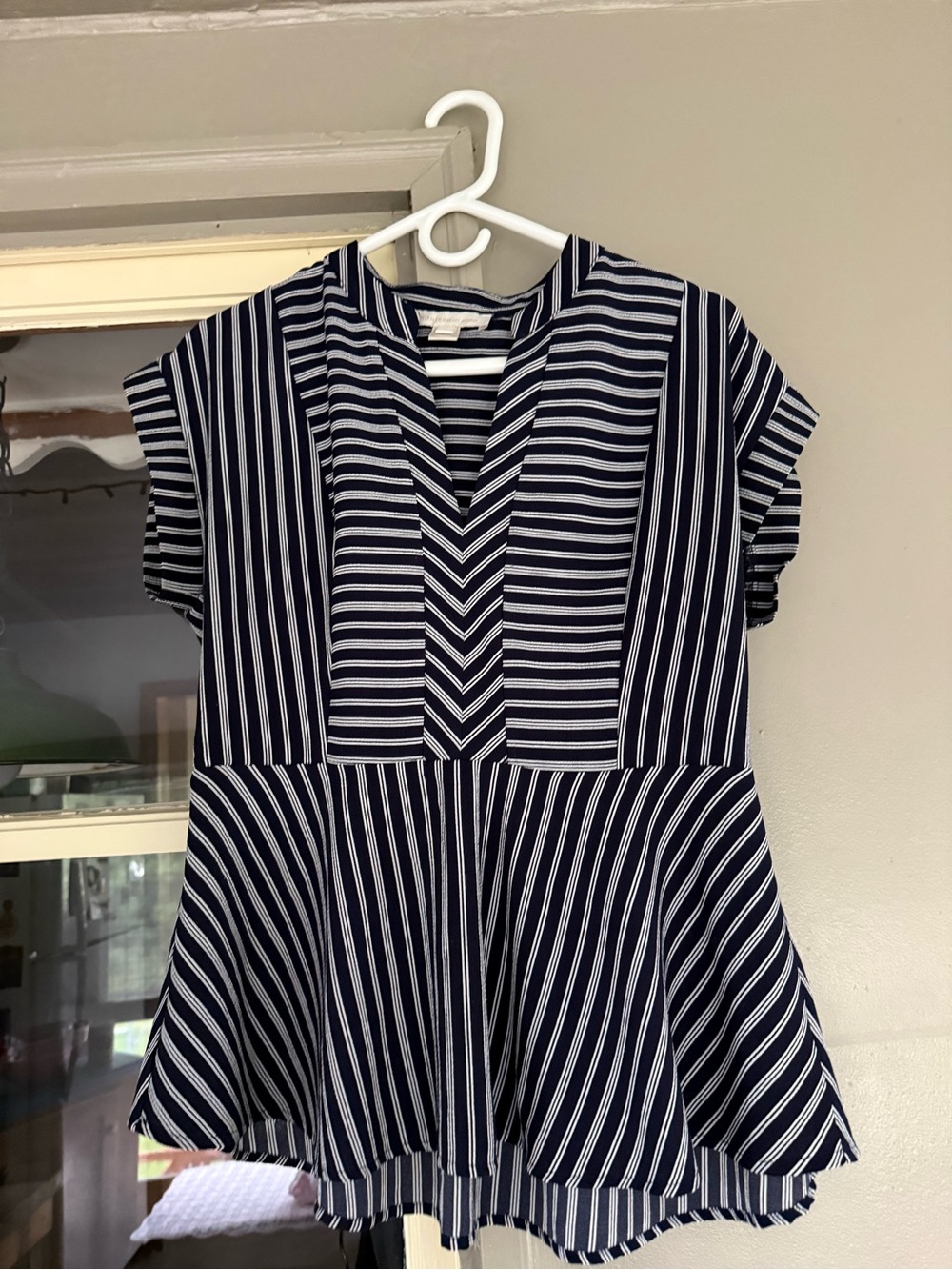 Monteau Navy and White Striped Peplum Blouse